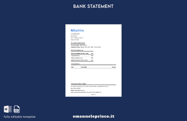 modello word di estratto conto bancario USA California Bluevine in stile verific
